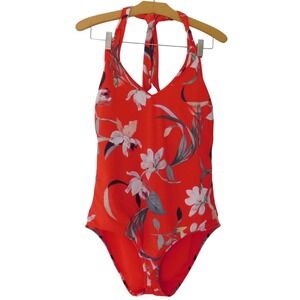 Athleta Waimea Floral Plunge Halter One Piece Swimsuit Womens Medium Beach Pool